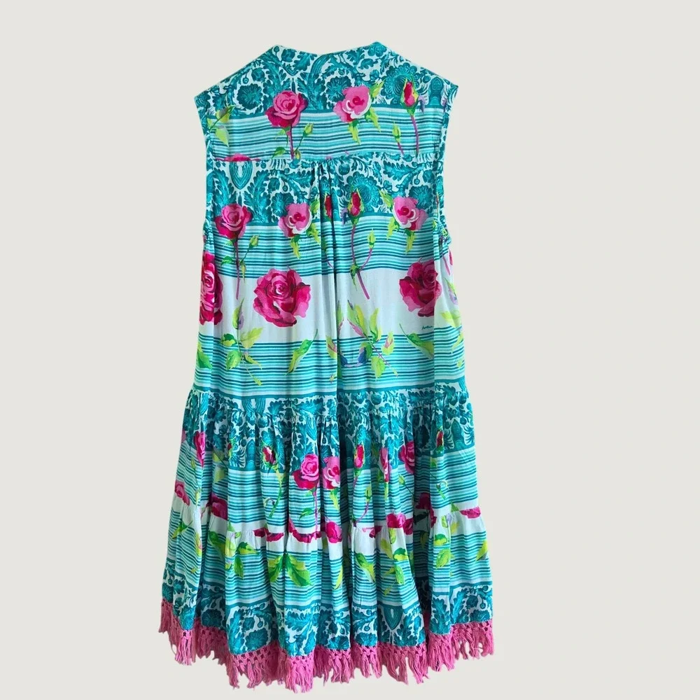 Antica Sartoria Giacomo Cinque Teal Pink Floral Sequin Fringe Mini Dress OS - Picture 3 of 11